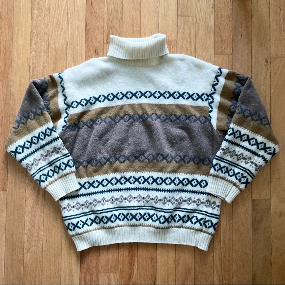 VTG Sisley Wool Blend Turtleneck Knit Sweater Ivory Striped Cottagecore Size L